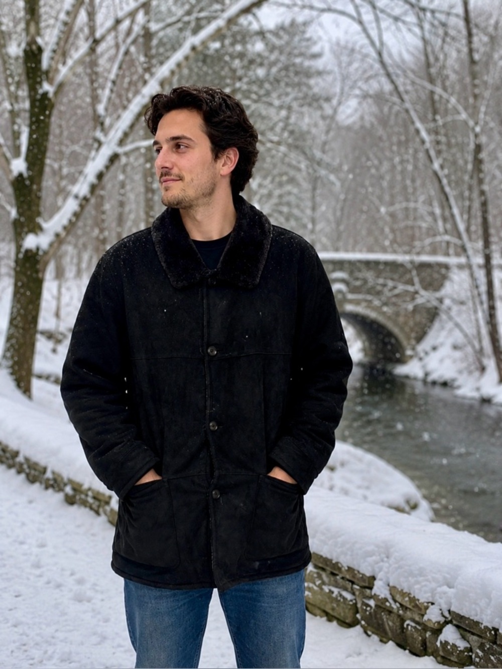 Vintage Men Genuine Shearling Suede Coat Black Large Heavy Winter Jacket Turkey